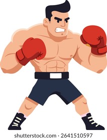Illustration shows a muscular male boxer wearing red gloves and black shorts in an aggressive fighting stance, conveying energy and determination. Dynamic and intense mood.