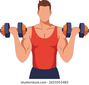 A ilustração mostra um homem musculoso usando um boneco vermelho levantando halteres para treinamento de força em uma sessão de fitness focada. O estilo é limpo e dinâmico, evocando motivação.