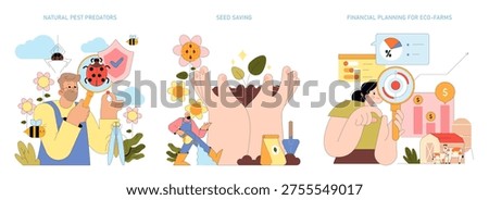 Illustration shows natural pest control with beneficial insects, seed saving, and eco-farm financial planning. Aiming for sustainable agriculture solutions, boosting productivity.