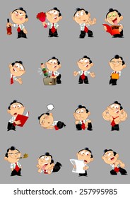 The illustration shows a number of poses of a young man in the suit with a variety of emotions and subjects. Illustration done in cartoon style isolated on gray background, on separate layers.