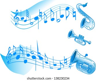 The illustration shows a number of wind instruments on a white background and abstract musical notes. There is a place for the text. Illustration done on separate layers. 