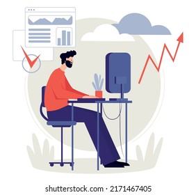 The illustration shows an office employee on a computer.