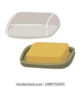 Illustration shows an oil pan, a plate with a cube of butter, a glass lid next to it. Perfect for adding juiciness, flavor to your culinary creations. Insulated piece of butter on a stand with a lid