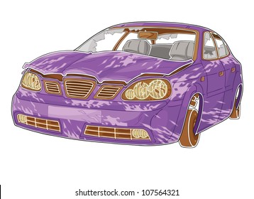 The illustration shows old car in dynamic foreshortening. The car is covered cracked and scratched. The illustration done in comic book style.