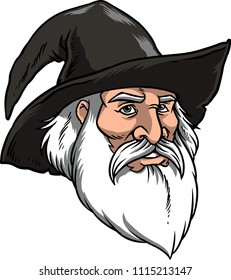 The illustration shows an old wizard with a long white beard and mustache. 