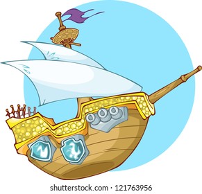 The Illustration  shows old woooden pirate's boat. Wooden ship have one mast and three cannons on the board. The illustration done in cartoon style.