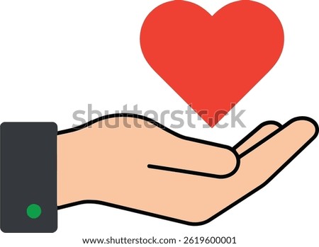 Illustration shows an open hand gently holding a red heart symbolizing love, care, and support with clear lines and minimal colors, creating a calm and positive mood.