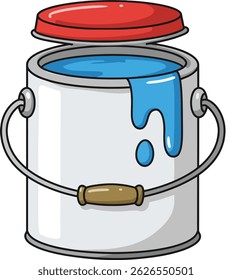 Illustration shows an open paint can filled with blue paint dripping down the side, featuring a red lid and metal handle, rendered in a clean cartoon style. Bright and cheerful.