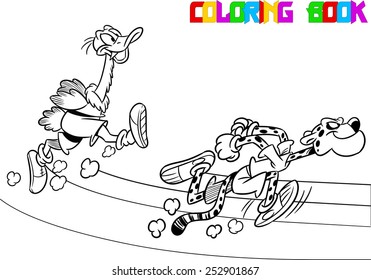 The illustration shows  ostrich and  cheetah who compete, who faster runs. Illustration done in black and white outline for coloring book, in cartoon style, on separate layers