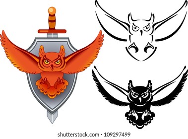 The illustration shows an owl on the background of the shield and sword as coat of arms. Also shown the owl black-and-white drawing of the style contour  of and silhouette.