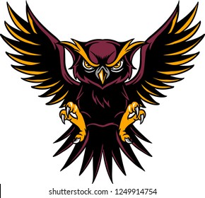 The illustration shows an owl that is a bird of prey. The huge owl is prepared to capture its prey. 