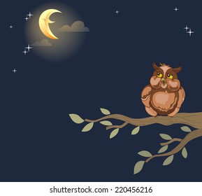 The illustration shows an owl that sits on a tree branch against the background the night sky.  Illustration done in cartoon style, on separate layers.