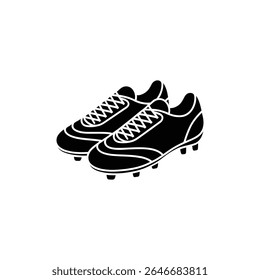 A ilustração mostra um par de chuteiras pretas de futebol, detalhadas com cadarços brancos e listras, posicionadas diagonalmente contra um pano de fundo branco e limpo. O calçado tem pernos.