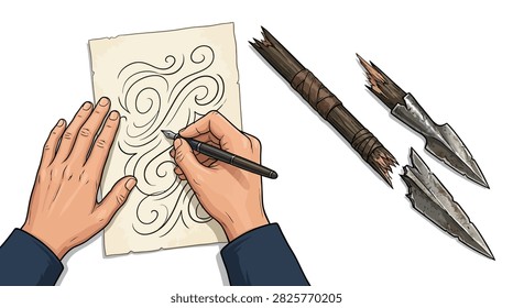 The illustration shows a pair of hands, one steadying a piece of parchment and the other wielding a fine pen to create elegant swirling patterns. The paper has a torn edge and a slightly aged texture, while soft shadows suggest a well-lit workspace.