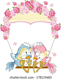 The illustration shows a pair of lovebirds birds sitting on a swing decorated with roses. Illustration done as a funny card, in cartoon style, on separate layers.