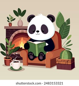 The illustration shows a panda relaxing on a chair in front of the fireplace, drinking coffee and reading a book.