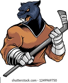 The illustration shows a panther that plays hockey. He is wearing a brown hockey jersey and he's holding a hockey stick . The panther face's expressing anger and aggressiveness.