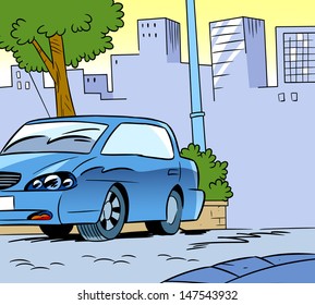 The Illustration Shows A Parked Car On A City Street Background. Illustration Done In Cartoon Style.