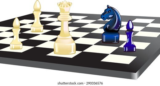 The illustration shows a part chess board with black and white chess pieces.