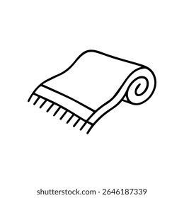 Uma ilustração mostra um cobertor ou tapete parcialmente laminado. Tem franja em uma extremidade e é desenhado com uma mão simples desenhado, estilo de arte de linha