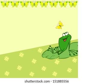 The illustration shows the pattern with cartoon frog that catches a butterfly on a green background. There is a place for text, on separate layers.