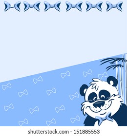 The illustration shows the pattern with cartoon panda and bamboo on a blue background. There is a place for text, on separate layers. 