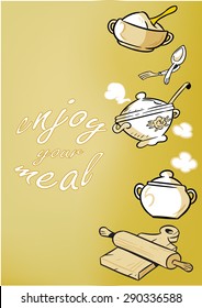 The illustration shows the pattern with kitchen utensils and abstract cooking. Illustration done on separate layers, there is a place for text