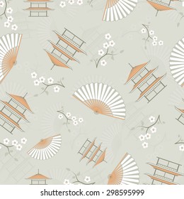 
The illustration shows the pattern with a set of various Japanese symbols. The pattern consists of a pagodas, fan and blossoming branch cherry. It made a vector seamless.