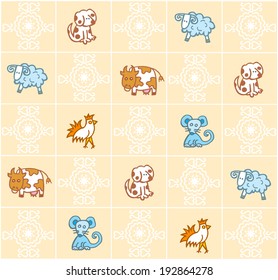 The illustration shows the pattern for textile products. On the pattern depicted cartoon animals, performed on separate layers in the style of children's illustrations pets.