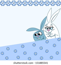 The illustration shows the pattern with two cartoon rabbits on a blue background. There is a place for text, on separate layers.