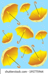 The illustration shows the pattern with yellow umbrellas and rain drops.