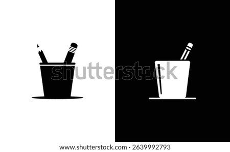 An illustration shows a pencil cup icon with pencils in a minimalist design, set against a contrasting black and white background.
