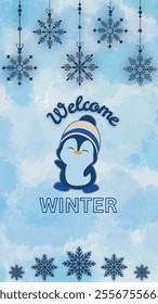 Illustration Shows Penguin welcomes winter with snowflakes, icy hues, and a cheerful design.