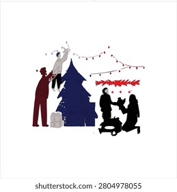 Illustration shows people decorating a large Christmas tree with lights and ornaments