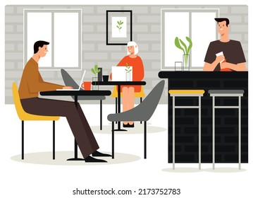 The illustration shows people working at a computer in a cafe.