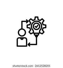 Illustration shows a person connected by arrows to an idea light bulb with a process gear Use for business, innovation, or creative concepts.