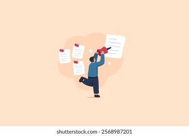 An illustration shows a person enthusiastically pinning important documents to a board, symbolizing task organization and prioritization. It conveys a sense of focus and efficiency, 