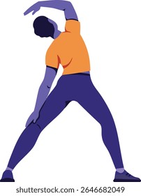 Illustration shows a person performing a side stretch wearing an orange shirt and purple pants in a minimalist style, conveying health and wellness with calm mood.