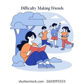 Illustration shows a person reading while peers play nearby, symbolizing the challenges of building friendships. It reflects the common feelings of isolation in social situations among children