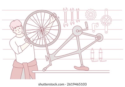 The illustration shows a person repairing a bicycle, surrounded by tools that reflect craftsmanship and creativity