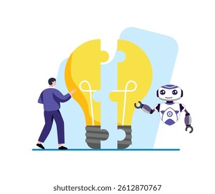 An illustration shows a person and a robot working to complete a lightbulb puzzle, representing ideas and teamwork Perfect for innovation and technology concepts.