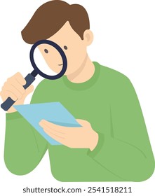 The illustration shows a person with short hair, holding a magnifying glass over a piece of paper.  The person is wearing a long-sleeved shirt and is carefully examining the document.