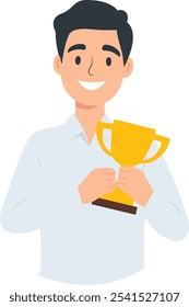 The illustration shows a person with short hair, wearing a collared shirt, holding a trophy.  The concept is an employee of the month award.