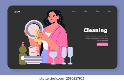 The illustration shows a person washing dishes in a warm home setting. It captures the essence of post-meal cleanup with plates, glasses, and cleaning supplies, emphasizing the relatable chore of