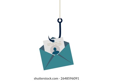 A ilustração mostra uma tentativa de phishing, simbolizada por um envelope e dados em um gancho. Ele ilustra as ameaças cibernéticas e os riscos associados aos dados on-line e às violações de segurança.