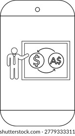 An illustration shows a phone screen with a man presenting currency exchange between US and Australian dollars