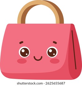 Illustration shows a pink handbag with a smiling face and brown handles, designed in a simple and cute style, perfect for playful or feminine themes, cheerful mood.