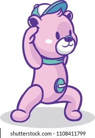 The illustration shows a pink teddy bear doing yoga. 