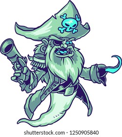 The illustration shows a pirate ghost that holds a gun in the right hand while the other hand is replaced by a hook. The pirate captain wears a huge hat and a long coat. 