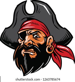 The illustration shows a pirate man with a big beard. He's wearing a huge black hat and a red bandanna, he has an eye patch and he's wearing an earring.